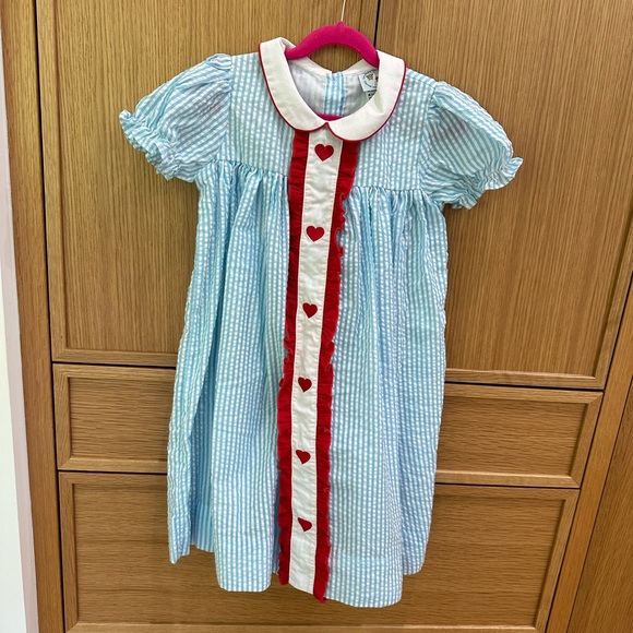 Lightweight Blue and White Striped Dress with Red Heart Accents - Picture 1 of 7